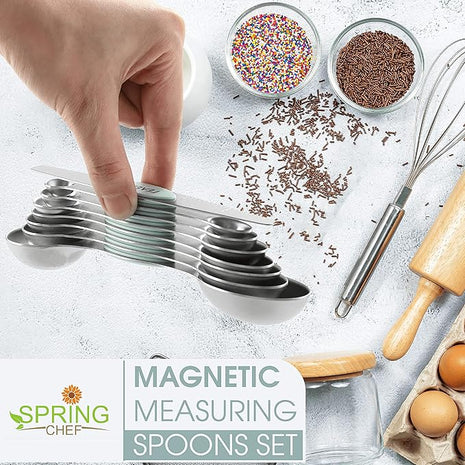 Spring Chef Stainless Steel Magnetic Measuring Spoons Set of 8 with Leveler, Metal Teaspoon & Tablespoon Measuring Spoons, Fits in Spice Jars, Kitchen Gadgets for Baking & Cooking - Set of 2 - Mint