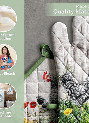 Maison d' Hermine 100% Cotton Oven Mitt & Pot Holder Set (7.5"x13" & 8"x8") Heat Resistant BBQ Cooking Gloves with Loop, Baking, Grilling, Kitchen, Handling Hot Pans Spring/Summer (Basse Cour)