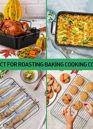 P&P CHEF 14" Roaster Roasting Pan with Baking Rack and V-shaped Rack, Stainless Steel Rectangular Lasagna Pan with Handles for Turkey Chicken, Healthy & Dishwasher Safe, 3 Pieces, Black