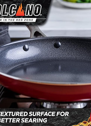 Textured Ceramic Nonstick, 12 Piece Cookware Pots and Pans Set with Stainless Steel Handles, PFAS PFOA & PTFE Free, Dishwasher Safe, Oven & Broiler Safe to 600 Degrees, Red