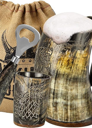 Viking Horn Mug Gift Set Christmas Gifts for Men – 16oz Beer Tankard, Shot Glass, Bottle Opener – Medieval Drinking Horn Stocking Stuffer for Dad Husband – Unique Holiday Birthday Present