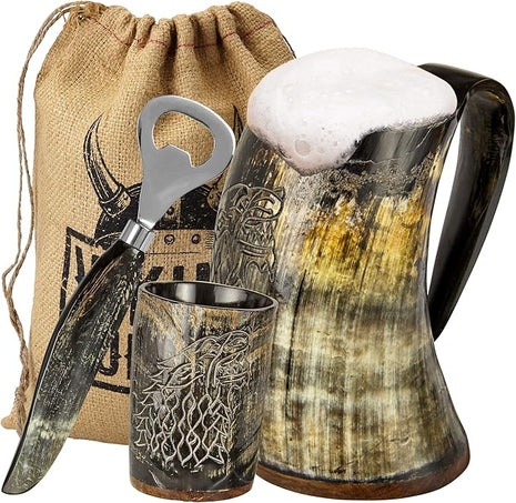 Viking Horn Mug Gift Set Christmas Gifts for Men – 16oz Beer Tankard, Shot Glass, Bottle Opener – Medieval Drinking Horn Stocking Stuffer for Dad Husband – Unique Holiday Birthday Present