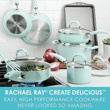 Rachael Ray Create Delicious Nonstick Cookware Pots and Pans Set, 13 Piece, Light Blue Shimmer
