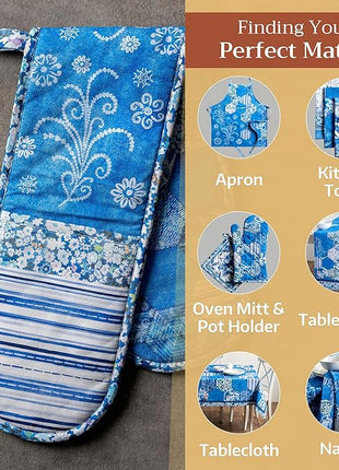 Maison d Hermine Summer Blue 100% Cotton Easter Double Oven Glove with Loop Heat Resistant for BBQ | Cooking | Baking | Grilling | Microwave | Barbecue | Spring/Summer (7.5 Inch by 35 Inch)