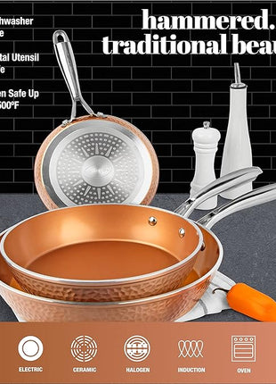 Gotham Steel Hammered Frying Pan Set, 3 Piece Nonstick Copper Fry Pans, 8”, 10” & 12” Skillet, Omelet Pan, Cookware, PFOA Free, Dishwasher Safe, Cool Touch Handle