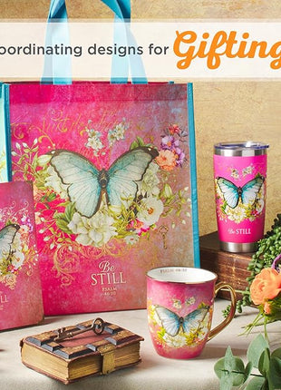 Christian Art Gifts Stainless Steel Double Wall Vacuum Insulated Travel Mug 18 oz Butterfly Pink BPA-free Tumbler with Retractable Lid Inspirational Scripture for Women - Be Still -Psalm 46:10