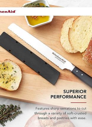 KitchenAid Gourmet Forged Triple Rivet Bread Knife with Custom-Fit Blade Cover, 5-inch, Sharp Kitchen Knife, High-Carbon Japanese Stainless Steel Blade, Black