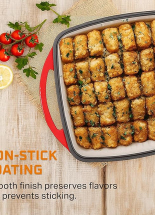 Bruntmor 2-in-1 Square Enameled Cast Iron Dutch Oven Baking Pan and Gridle Lid with Dual Handles, Cast Iron Skillet lid, Coating Gridle for Baking, Bacon,Steaks - Red