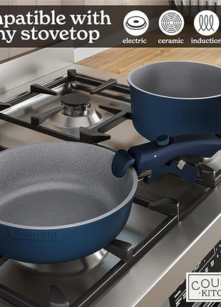 Country Kitchen Cookware Set with Removable Handle, Oven & RV Safe Pots and Pans Set, Denim, Original