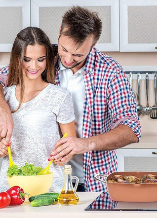 Moss & Stone 7 Pcs Copper Chef Cookware Non Stick Deep Frying Pan 9.5" x 3.5", Fry Basket, Dishwasher & Oven Safe, 5 Qt Deep Square Pot, Non Stick Pan & Round Pot, Induction Copper Cookware Set