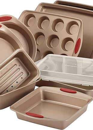Rachael Ray Cucina Nonstick Bakeware Set Baking Cookie Sheets Cake Muffin Bread Pan, 10 Piece, Latte Brown with Cranberry Red Grips