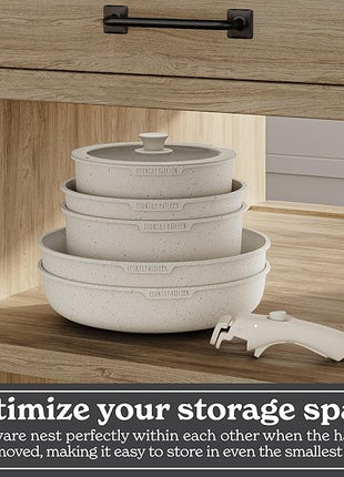 Country Kitchen Cookware Set with Removable Handle, Oven & RV Safe Pots and Pans Set, Cream, Original