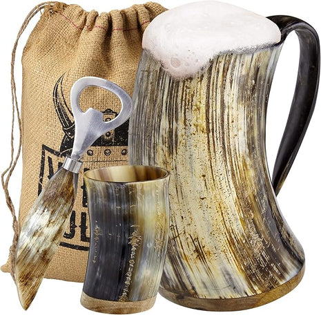 Viking Culture Ox Horn Mug, Shot Glass, and Bottle Opener (3 Pc. Set) Authentic 16-oz. Ale, Mead, and Beer Tankard | Vintage Stein with Handle - Natural Finish | Without Design
