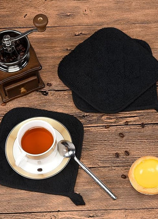 100% Cotton Kitchen Everyday Basic Terry Pot Holder Heat Resistant Coaster Potholder for Cooking and Baking Set of 5 Black