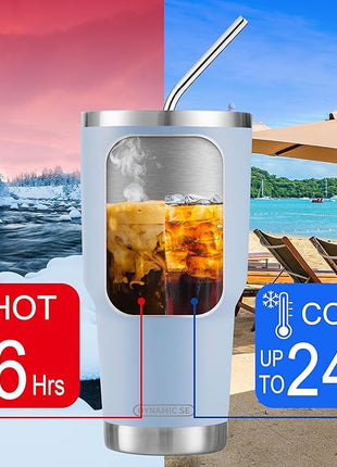 D·S 30oz Blue Tumbler Stainless Steel Double Wall Vacuum Insulated Mug with Straw and Lid, Cleaning Brush for Cold and Hot Beverages