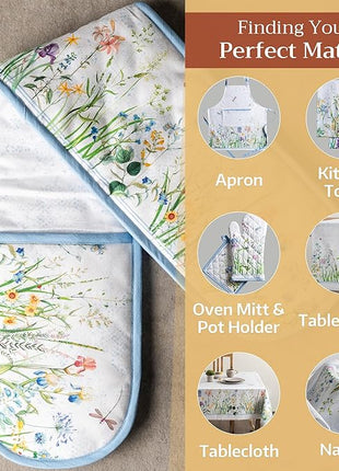 Maison d' Hermine Double Oven Mitts 100% Cotton 7"x35" Double Oven Mitt Heat Resistant BBQ Cooking Gloves with Loop, Baking, Grilling, Home, Kitchen, Handling Hot Pans Spring Summer (Fleurs De Mai)