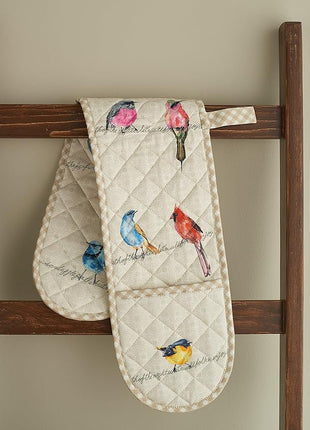 Maison d' Hermine Double Oven Mitts 100% Cotton 7"x35" Double Oven Mitt Heat Resistant BBQ Cooking Gloves with Loop, Baking, Grilling, Home, Kitchen, Handling Hot Pans Spring Summer (Birdies On Wire)