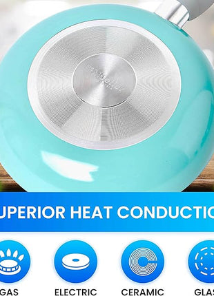 Mueller 16-Piece Non-Stick Stone Cookware Set with Steamer and Glass Lids, Turquoise