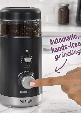 Mr. Coffee Automatic Coffee Grinder with 5 Presets, 12 Cup Capacity, Black – Ideal for Home Use and Espresso Lovers