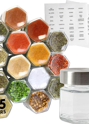 IMPRESA Hexagon Magnetic Spice Jars - Pack of 15-1.74 Oz Strong Magnetic Seasoning Containers - Space-Saving Honeycomb Spice Jars - Airtight Glass Storage Containers with Steel Lids