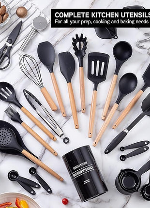 Country Kitchen Non Stick Silicone Utensil Set with Rounded Wood Handles for Cooking and Baking, 38 Piece Set, Black