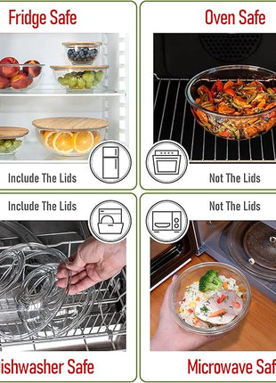 Stackable Space-Saving Set of 5 Nesting Glass Bowls with Bamboo Lids for Foodprep, Storage, Baking, Mixing & Cooking, Microwave & Oven Safe BPA Free Heat Resistant Inert Borosilicate Glass