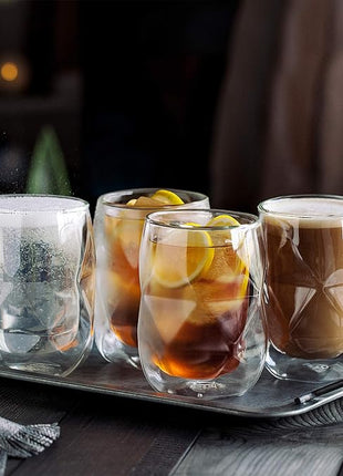 BTaT- Insulated Coffee Mug, Double Wall Glass, Diamond Shape, Set of 4 (12oz, 350ml), Coffee Cups, Tea Cups, Latte Mug, Christmas Gifts