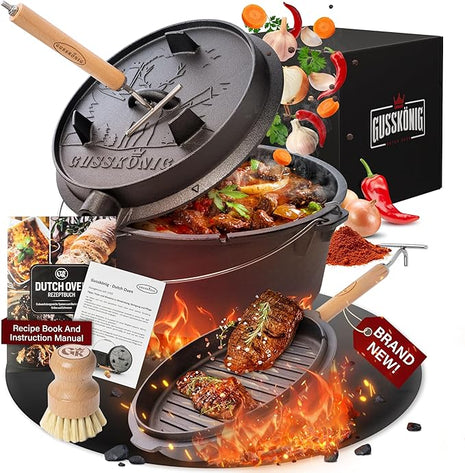 Pre-Seasoned Dutch Oven Set - 9 Quart Cast Iron Dutch Oven Pot with Lid, Fire Pot with Feet for Bread Baking & Cooking - Includes 2-in-1 Lid Lifter, Brush & Recipe Book [for 4-7 People]