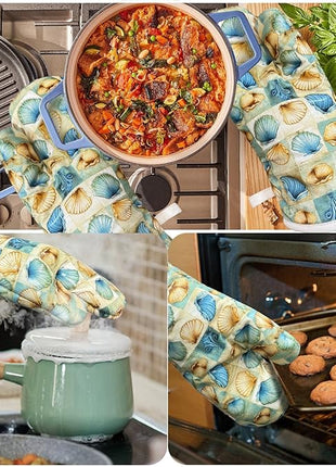 Oven Mitts Gloves 1 Pair Heat Resistant 480 ℉ Non Slip Clear Silicone Printed Shell Comfortable Cotton Lining Kitchen Men Cooking Barbecue Machine Washable (Shell, Beige Mitts)