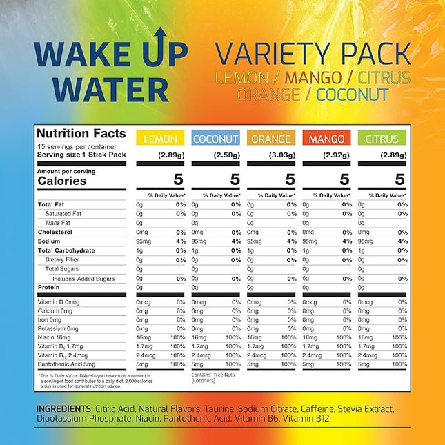 Wake Up Water Energy Drink Mix, Sugar Free Clean Energy Powder with Electrolytes & B Vitamins, Natural Caffeine for Focus & Hydration (15 Pack) - Variety
