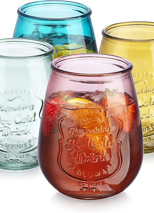 Glaver's Stemless Wine Glasses Set of 4 – 21oz Assorted Colored Wine Tumblers– Unique Embossed Logo, Vintage Cute Wine Glasses for, Beer, Juice, Cocktails, Fresh Drinks, Beverages, and more.