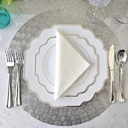 " OCCASIONS " 240 Plates Pack (120 Guests) Heavyweight Wedding Party Disposable Plastic Plates Set -120 x 10.5'' Dinner + 120 x 8'' Salad/Dessert Plate (Imperial in White & Silver Rim)