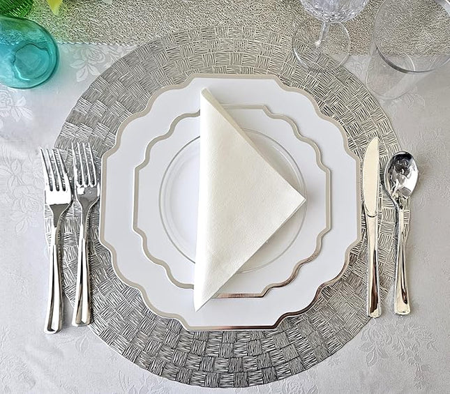 " OCCASIONS " 80 Plates Pack,(40 Guests) Heavyweight Wedding Party Disposable Plastic Plates Set -40 x 10.5'' Dinner + 40 x 8'' Salad/Dessert Plate (Imperial in White & Silver Rim)