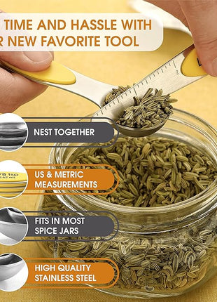 Spring Chef Yellow Stainless Steel Magnetic Measuring Spoons Set of 8 with Leveler, Dual Sided Metal Teaspoon & Tablespoon Measuring Spoons, Kitchen Gadgets for Baking & Cooking, Fits in Spice Jars