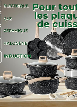 JUST PERFECTO Kitchen Pots and Pans Set with Lids Non Stick - Induction Pots Set - Pots & Pans Set without PTFE and PFOA - Cookware Pot Set Induction 21 Pcs (black)