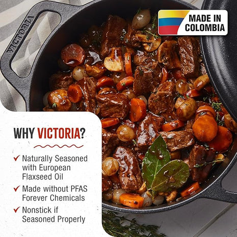 Victoria 6-Quart Cast Iron Dutch Oven with Lid and Dual Loop Handles, Seasoned with Flaxseed Oil, Made in Colombia,Black