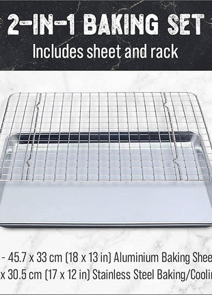 Checkered Chef Baking Sheet Pan and Cooling Rack - Half Sheet, 18" x 13" Aluminum Cookie Sheets and Stainless Steel Wire Rack for Baking