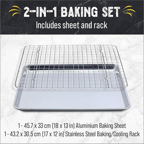Checkered Chef Baking Sheet Pan and Cooling Rack - Half Sheet, 18" x 13" Aluminum Cookie Sheets and Stainless Steel Wire Rack for Baking
