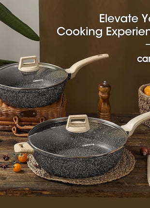 CAROTE 12.5 Inch Nonstick Deep Frying Pan with Lid, 6.5 Qt Jumbo Cooker Saute Pan with Pour Spout, Skillet Induction Cookware, Non Stick Cooking Pan PFOA Free, Classic Granite