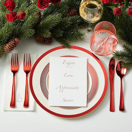 By Madee HEAVYWEIGHT 175 Pc Ivory with Red Trim Plastic Disposable Dinnerware Set with Silverware & Linen-Like Premium Napkins (25 Guests)