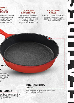 Utopia Kitchen Cast iron Skillets 3 Piece Set,Chefs Pan, Pre Seasoned Cast iron Skillets, 6, 8 & 10 Inches, Easy Use in the Oven, Stove, Grill, or Campfire, Red