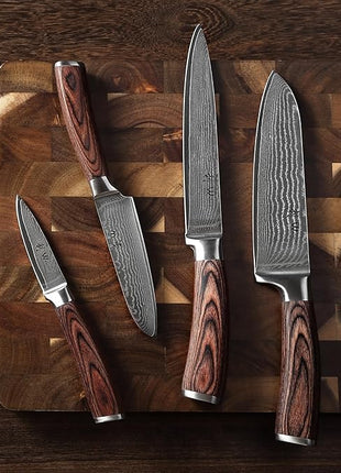 Wakoli EDIB 4-Piece Damascus Knife Set – Professional Chef Knives Set with VG10 Core Blades, 67-Layer Damascus Steel and Ergonomic Pakkawood Handles – Premium Kitchen Knives in Elegant Gift Box