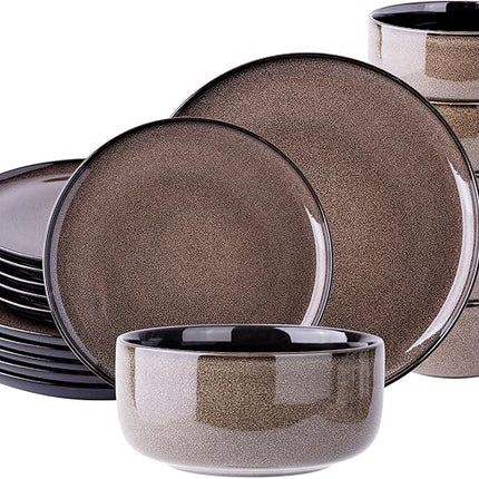 LeRatio Ceramic Dinnerware Sets for 6,Poreclain Plates and Bowls Sets,Handmade Reactive Glaze Dishes Set,Chip Resistant and Scratch Resistant | Oven&Dishwasher & Microwave Safe-Chestnut(18PCS)