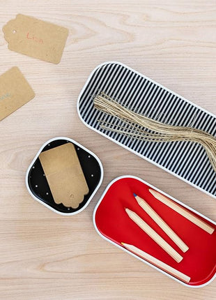 Three by Three Seattle 6 Piece Shallow Metal Organizer Tray Set for Storing Makeup, Stationery, Utensils, and More in Office Desk, Kitchen and Bathroom Drawers (1 Inch, Red Dots and Stripes)