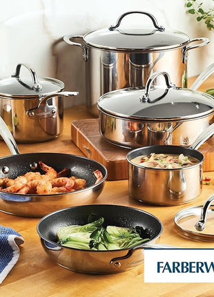 Farberware Millennium Stainless Steel Nonstick Cookware Set, 10-Piece Pot and Pan Set, Stainless Steel