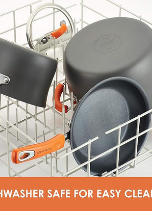 Rachael Ray Brights Hard-Anodized Aluminum Nonstick Cookware Set with Glass Lids, 10-Piece Pot and Pan Set, Gray with Orange Handles