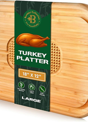 Turkey Platter for Thanksgiving - 18x12 Reversible Bamboo Carving Cutting Board for BBQ or Grilling - Heavy Duty Butcher Block with Deep Juice Groove, Spikes, Grid Grip - Large Kitchen Christmas Gift