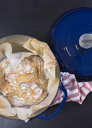 Lodge 6 Quart Enameled Cast Iron Dutch Oven with Lid – Dual Handles – Oven Safe up to 500° F or on Stovetop - Use to Marinate, Cook, Bake, Refrigerate and Serve – Indigo