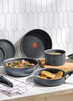 T-fal Ingenio Essentials Cookware Set with Detachable/Removable Handle 11 Piece, Granite Titanium Non Stick, Induction, Oven Broiler Safe 500F, Stackable, Pots and Pans Set, RV Camping, Fry Pans Gray