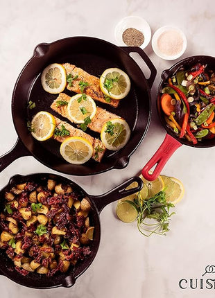 Cuisinel Cast Iron Skillet Set - 8" + 10" + 12"-Inch Pre-Seasoned Frying Pans + Silicone Handle Grip Covers - Use Indoor/Outdoor, Oven, Grill, Stove, BBQ, Fire, Induction - Kitchen/Camping Cookware